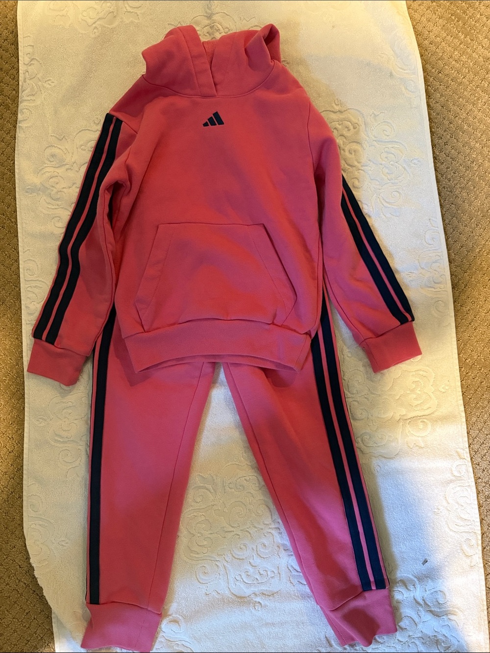 adidas Pink Kids Hoodie & Joggers with Black Stripes Girls Size 7